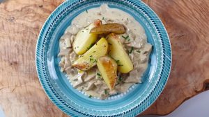 St. Georges Mushroom sauce and baked potatoes