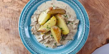 St. Georges Mushroom sauce and baked potatoes