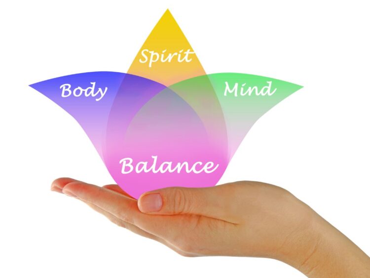 Hand holding a lotus-shaped graphic with sections labeled Body, Spirit, Mind, and Balance, symbolizing holistic wellness.