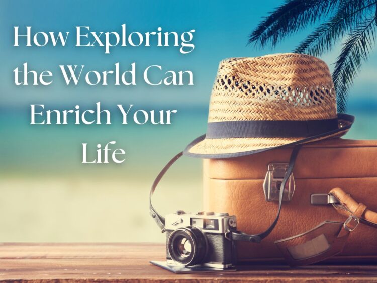 Travel essentials including a suitcase, straw hat, and vintage camera with a beach background.