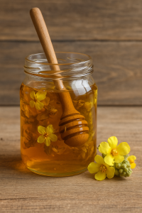 Jar of mullein-infused honey with floating yellow mullein flowers and a wooden honey dipper inside.