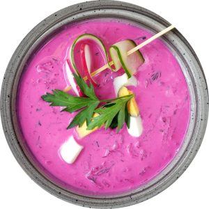 Latvian cold beet soup aukstā zupa — one of the most colorful cold summer soups.