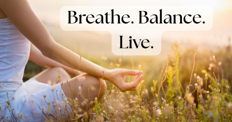 Woman practicing breathing techniques outdoors for calm and balance.
