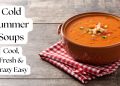 Cold summer soups served in a clay bowl with fresh garnish.