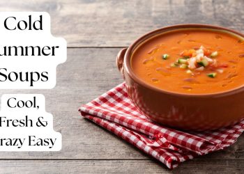 Cold summer soups served in a clay bowl with fresh garnish.