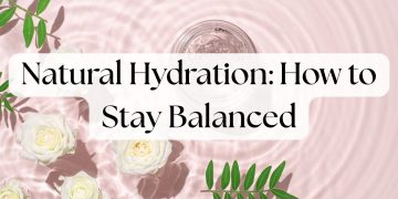 Natural hydration title image with water ripples, white roses, and green leaves symbolizing balance and freshness.