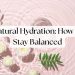 Natural hydration title image with water ripples, white roses, and green leaves symbolizing balance and freshness.