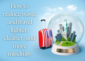 Suitcase and travel-themed illustration symbolizing low-waste travel and mindful exploration.
