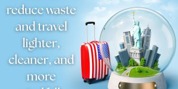 Suitcase and travel-themed illustration symbolizing low-waste travel and mindful exploration.
